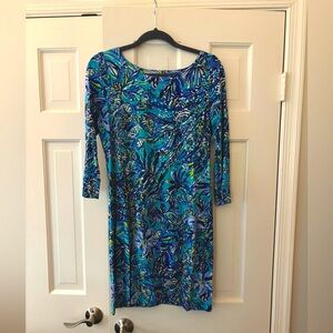 Lilly Pulitzer Blue and Green Patterned 3/4 Sleeve Dress Sz Medium